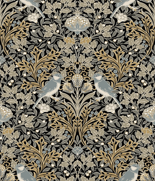 Garden Aviary Black Peel & Stick Wallpaper with Traditional Birds Botanical Damask - York RMK12756PLW