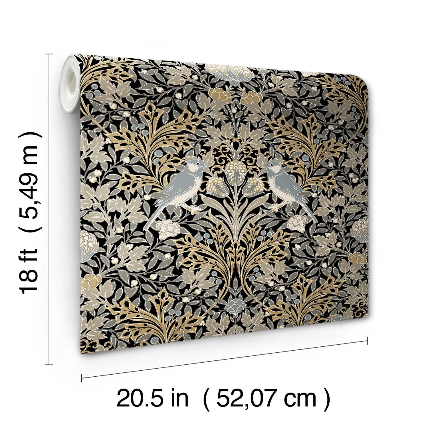 Garden Aviary Black Peel & Stick Wallpaper with Traditional Birds Botanical Damask - York RMK12756PLW