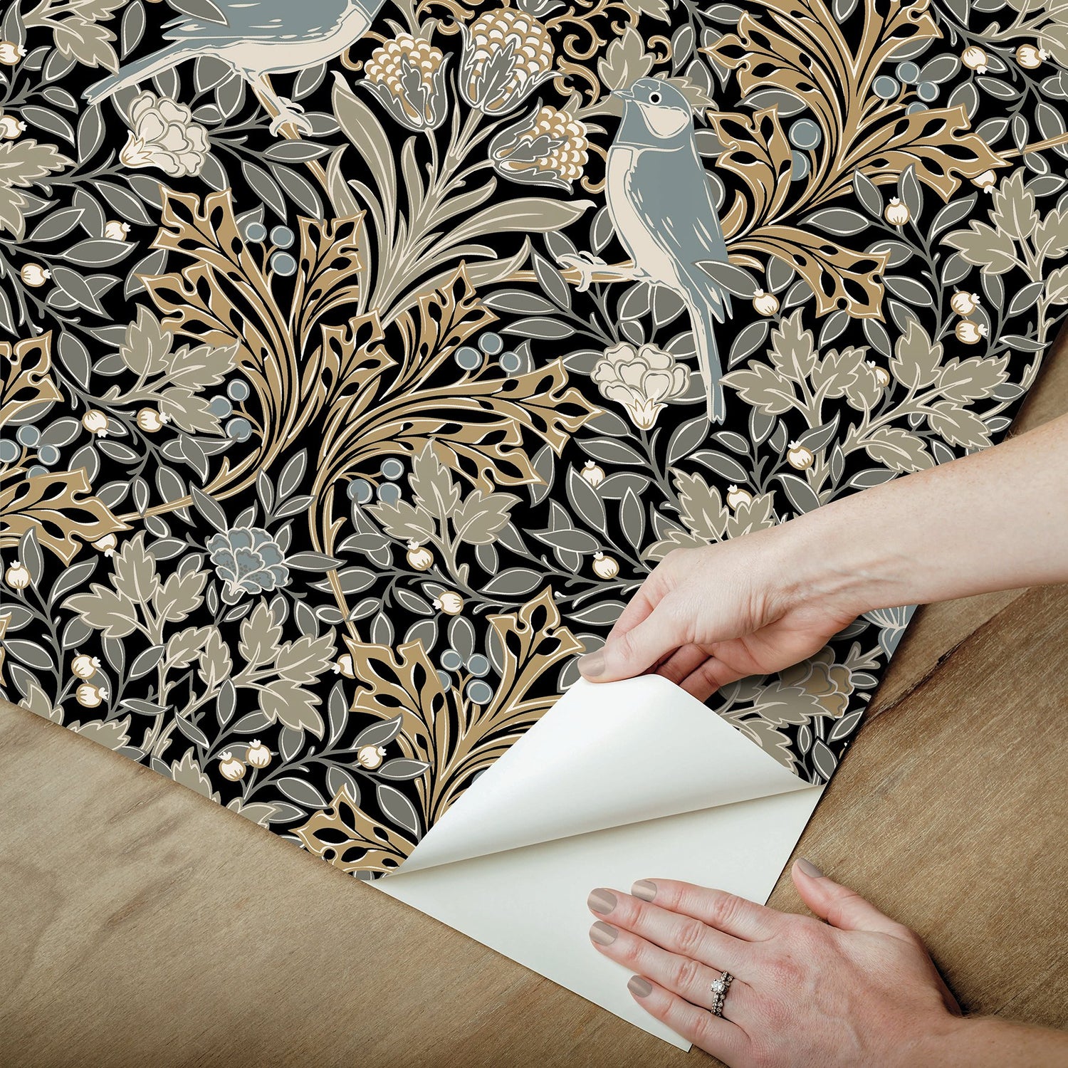 Garden Aviary Black Peel & Stick Wallpaper with Traditional Birds Botanical Damask - York RMK12756PLW