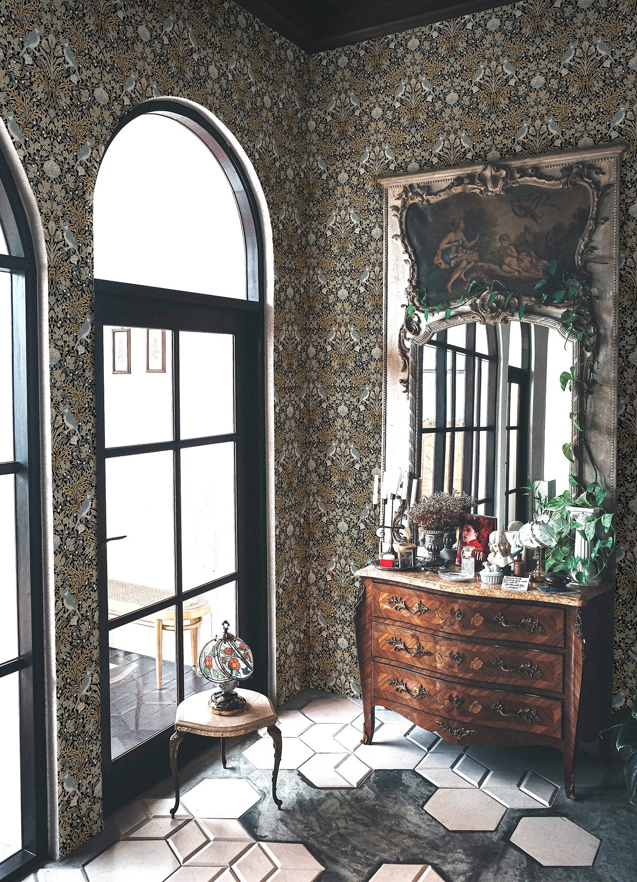 Garden Aviary Black Peel & Stick Wallpaper with Traditional Birds Botanical Damask - York RMK12756PLW