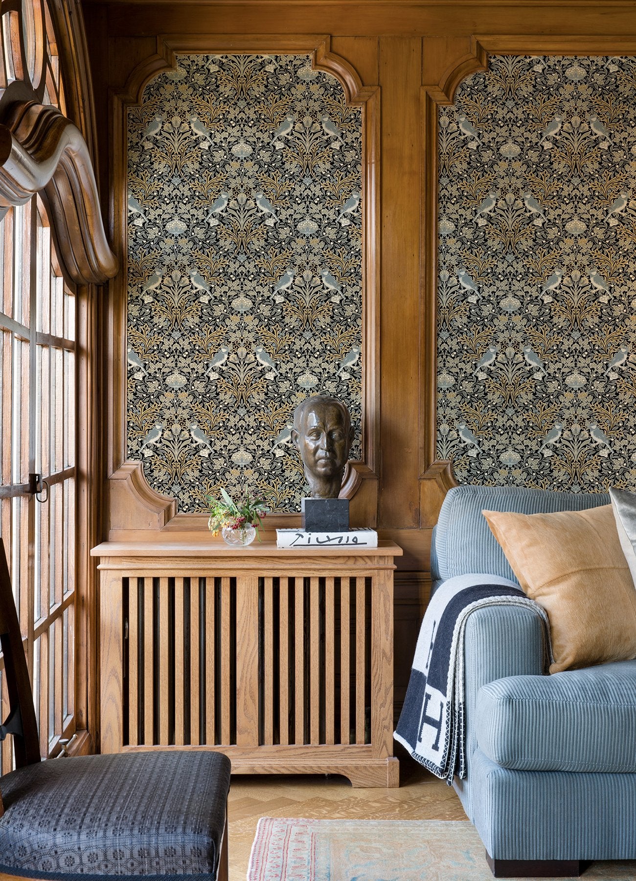 Garden Aviary Black Peel & Stick Wallpaper with Traditional Birds Botanical Damask - York RMK12756PLW