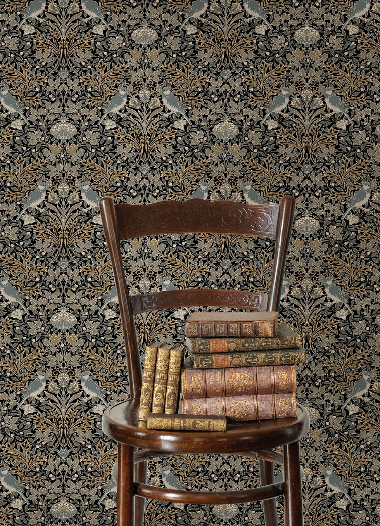 Garden Aviary Black Peel & Stick Wallpaper with Traditional Birds Botanical Damask - York RMK12756PLW