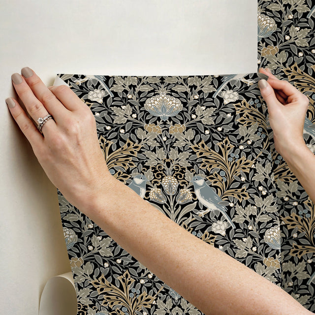 Garden Aviary Black Peel & Stick Wallpaper with Traditional Birds Botanical Damask - York RMK12756PLW