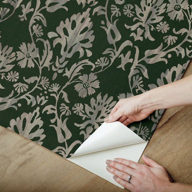 Blooming Damask Deep Green Peel & Stick Wallpaper with Distressed Botanical Damask - York RMK12757PLW