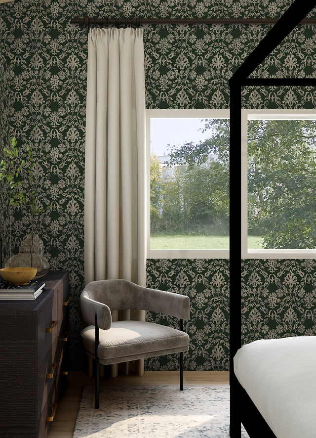 Blooming Damask Deep Green Peel & Stick Wallpaper with Distressed Botanical Damask - York RMK12757PLW