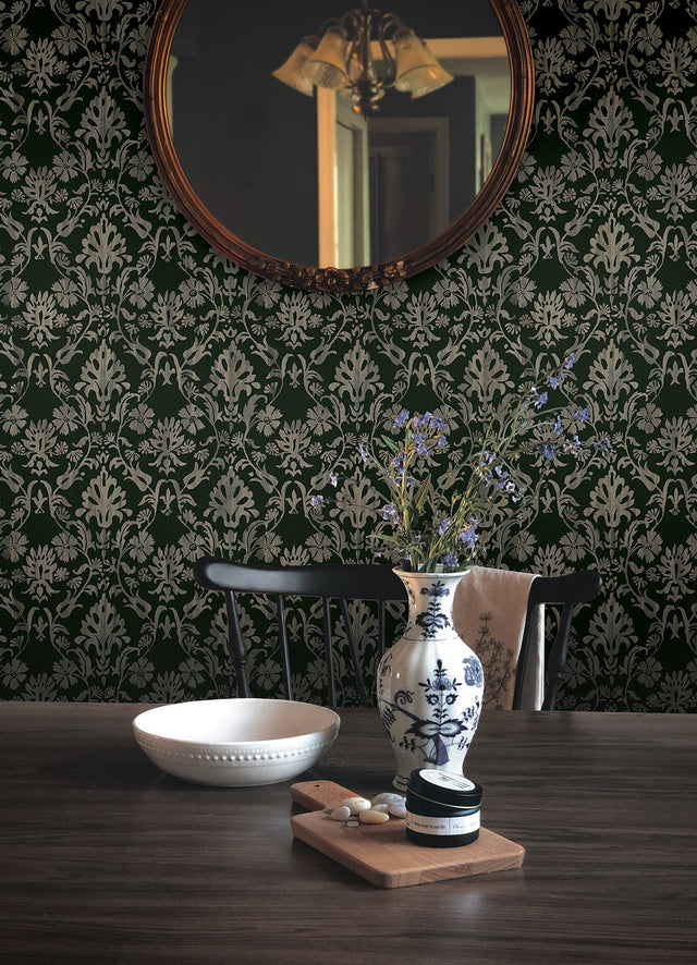Blooming Damask Deep Green Peel & Stick Wallpaper with Distressed Botanical Damask - York RMK12757PLW