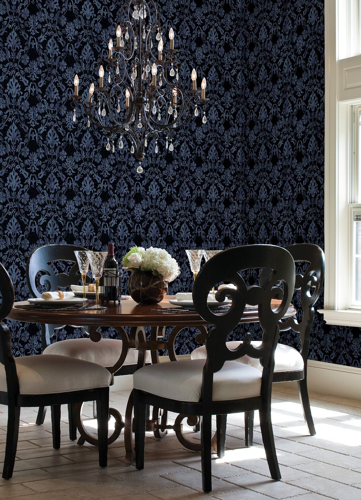 Blooming Damask Black Peel & Stick Wallpaper with Distressed Botanical Damask - York RMK12758PLW