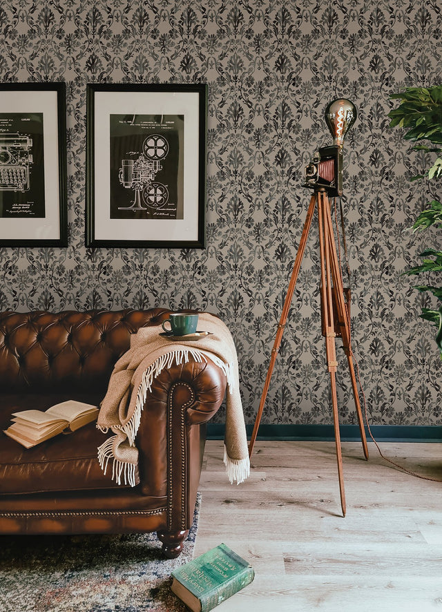 Blooming Damask Taupe Peel & Stick Wallpaper with Distressed Botanical Damask - York RMK12759PLW