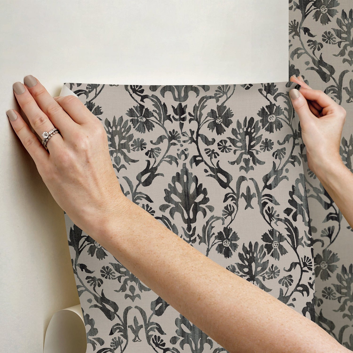 Blooming Damask Taupe Peel & Stick Wallpaper with Distressed Botanical Damask - York RMK12759PLW