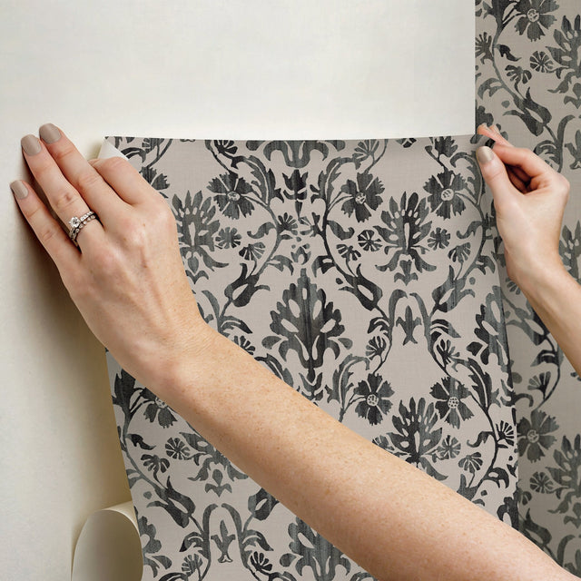 Blooming Damask Taupe Peel & Stick Wallpaper with Distressed Botanical Damask - York RMK12759PLW