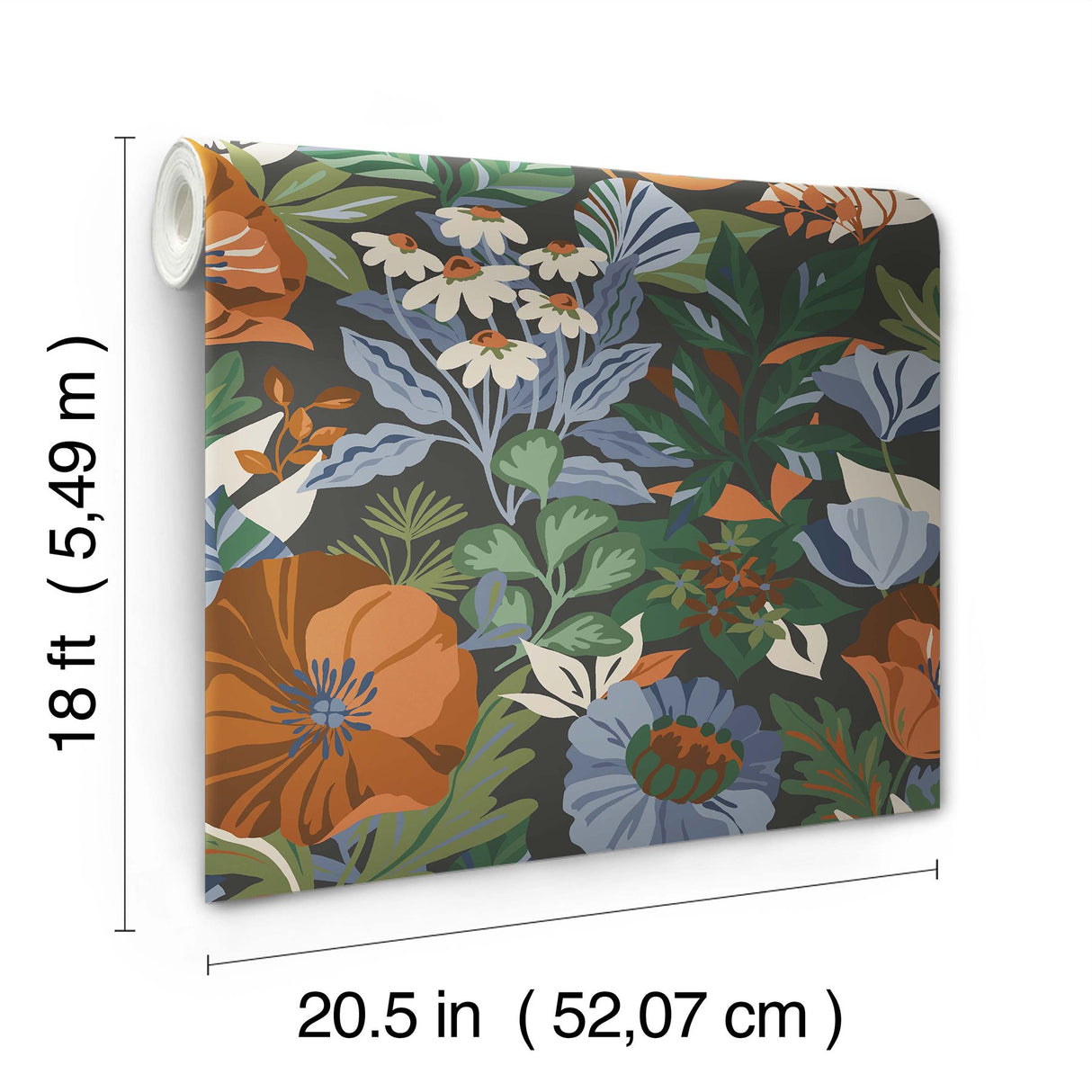 Poppy Fields Charcoal Peel & Stick Wallpaper with Moody Blue and Orange Floral Pattern - RoomMates RMK12760PLW