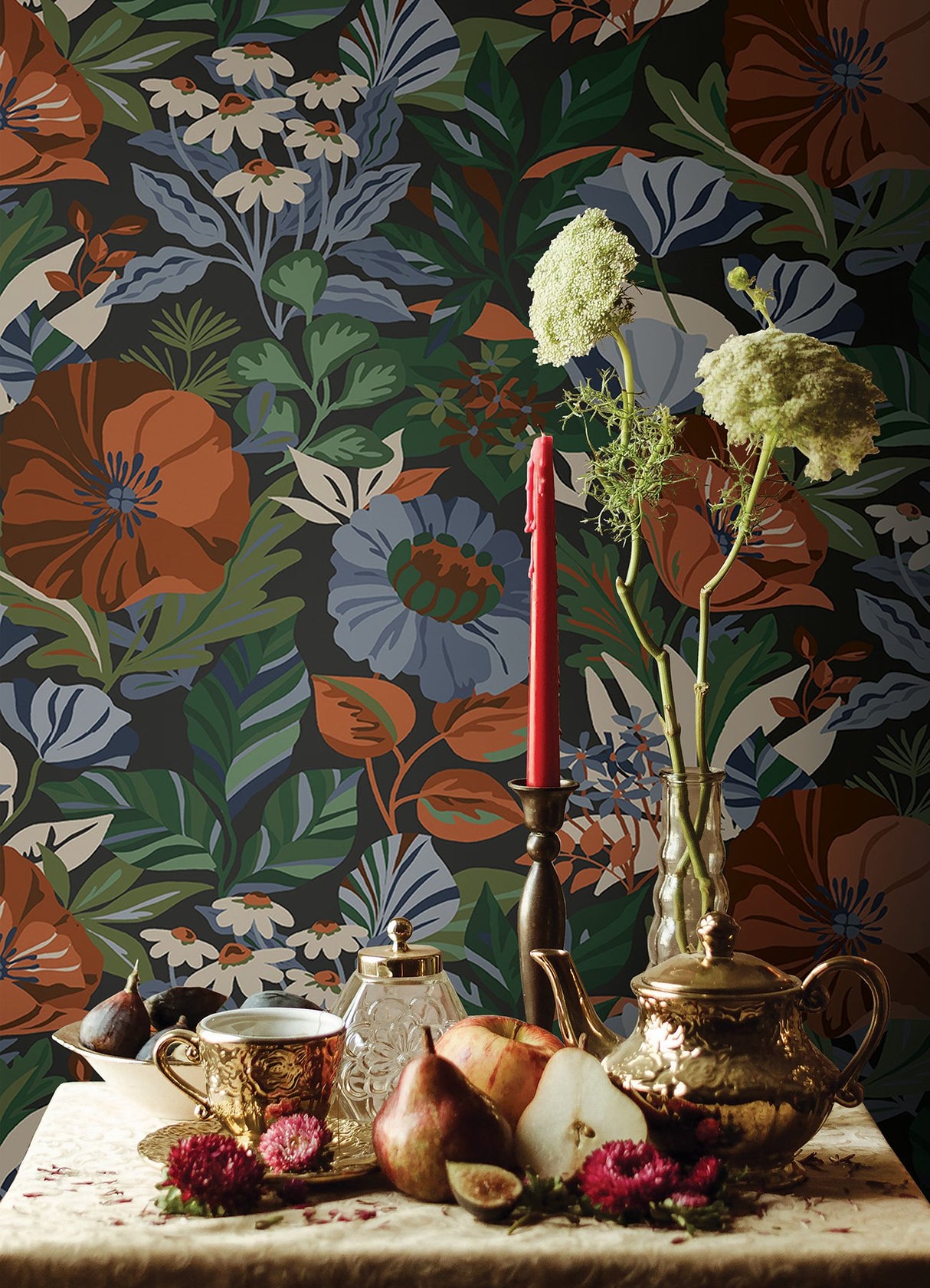 Poppy Fields Charcoal Peel & Stick Wallpaper with Moody Blue and Orange Floral Pattern - RoomMates RMK12760PLW
