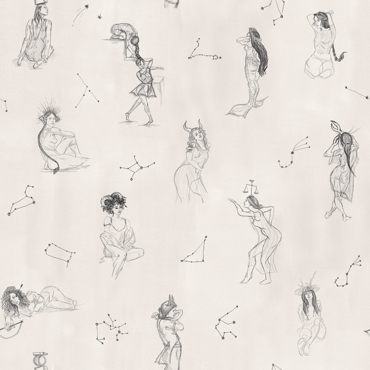 Luna Zodiac Cream & Graphite Toile Peel & Stick Wallpaper with Vintage Novelty Graphics - York RMK12768PLW