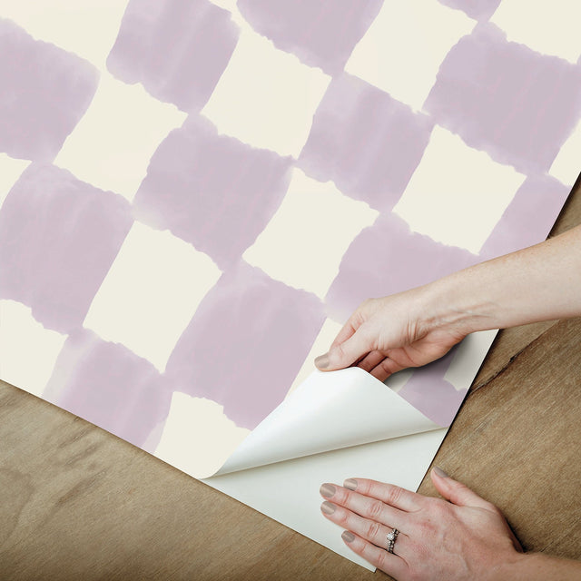 Tess Watercolor Soft Lavender Checker Peel & Stick Wallpaper with Modern Geometric Pattern - York RMK12774PLW