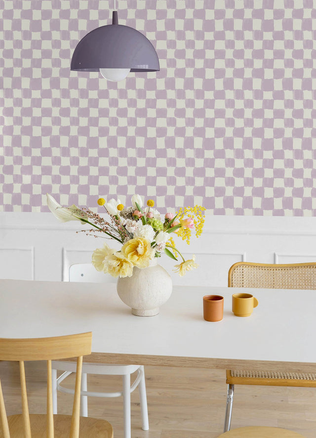 Tess Watercolor Soft Lavender Checker Peel & Stick Wallpaper with Modern Geometric Pattern - York RMK12774PLW