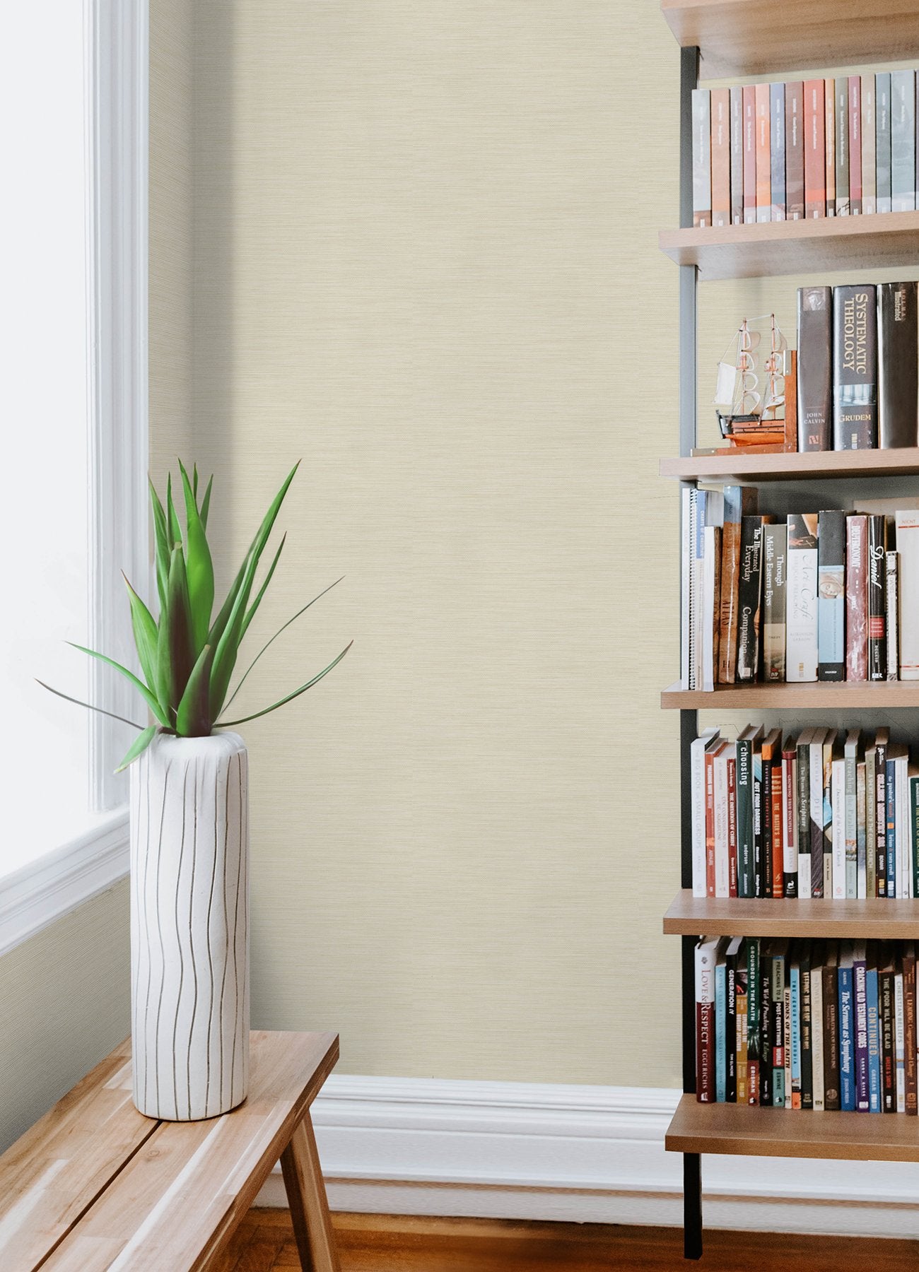 Stella Cream Grasscloth Textured Peel & Stick Wallpaper with Faux Grasscloth Pattern - York RMK12775PL