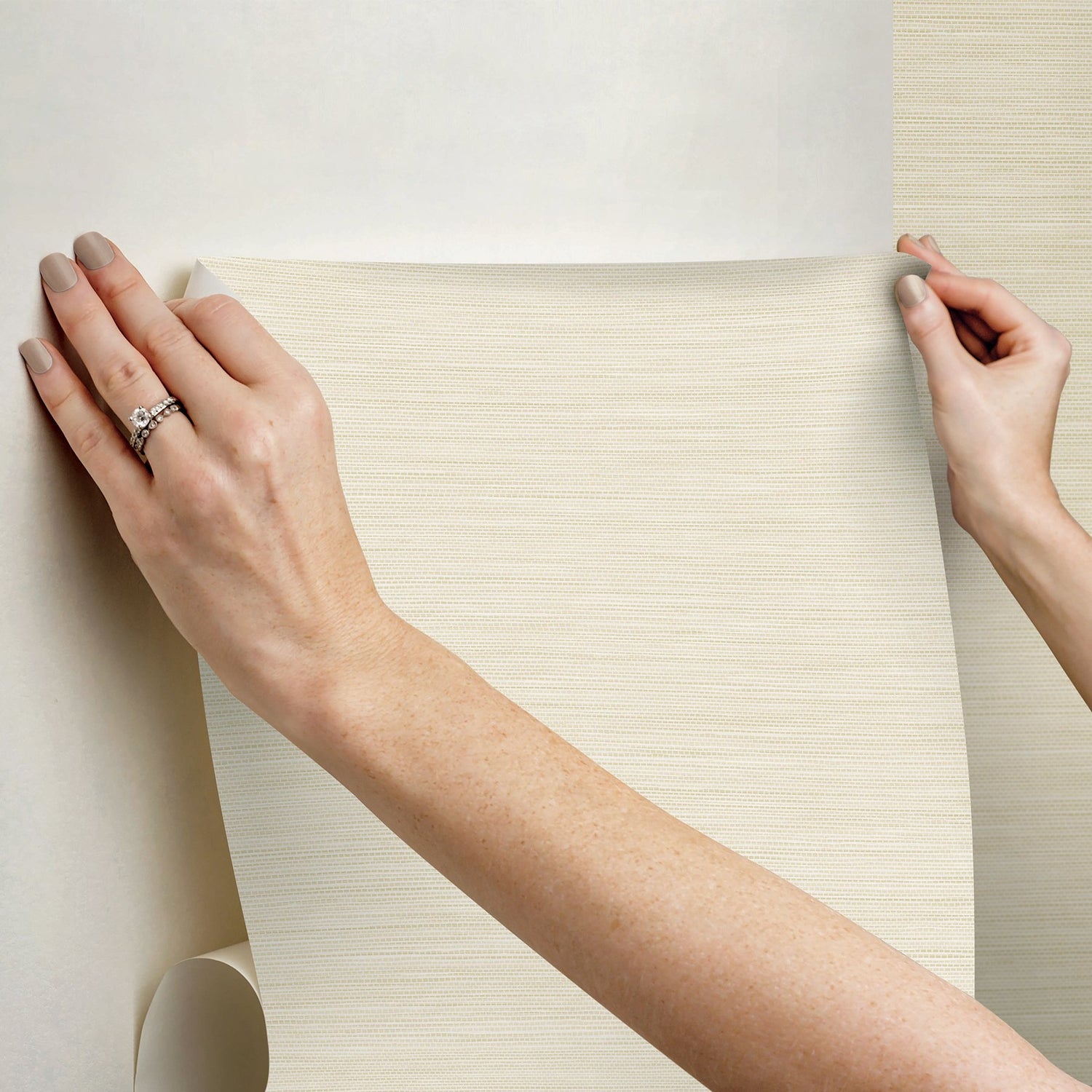 Stella Cream Grasscloth Textured Peel & Stick Wallpaper with Faux Grasscloth Pattern - York RMK12775PL