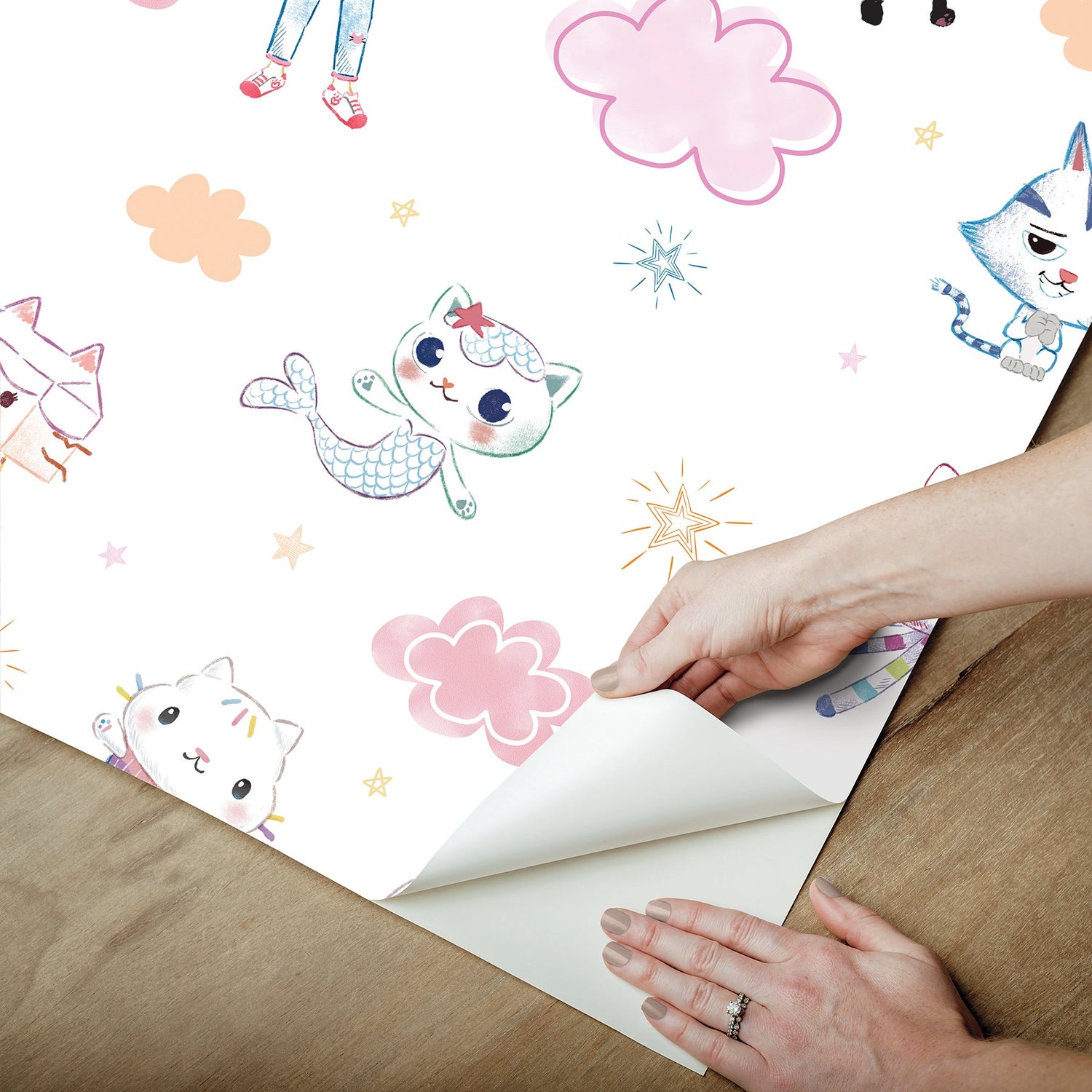 Gabby's Dollhouse Sketch Characters Pink Peel & Stick Wallpaper with Kids Graphics Novelty Pattern - York RMK12780PLW