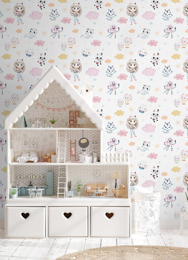 Gabby's Dollhouse Sketch Characters Pink Peel & Stick Wallpaper with Kids Graphics Novelty Pattern - York RMK12780PLW