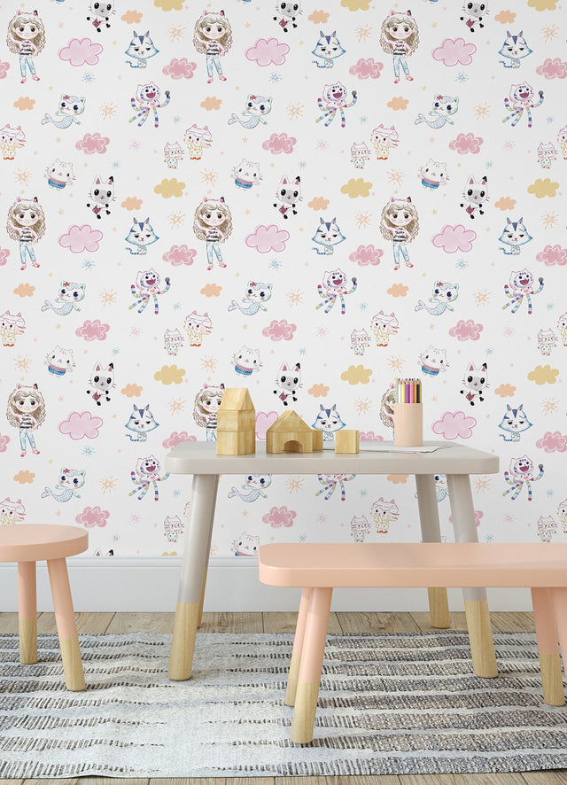 Gabby's Dollhouse Sketch Characters Pink Peel & Stick Wallpaper with Kids Graphics Novelty Pattern - York RMK12780PLW