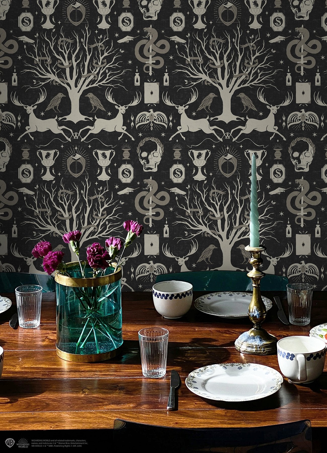 Harry Potter Horcrux Black Damask Peel & Stick Wallpaper with Modern Trees Motif - York RMK12781PLW