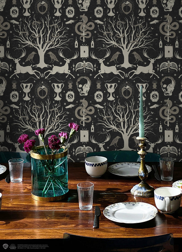 Harry Potter Horcrux Black Damask Peel & Stick Wallpaper with Modern Trees Motif - York RMK12781PLW