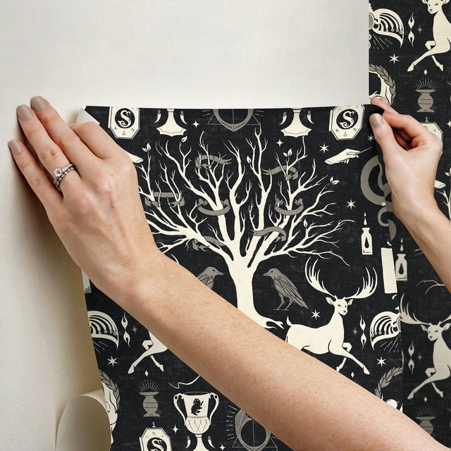 Harry Potter Horcrux Black Damask Peel & Stick Wallpaper with Modern Trees Motif - York RMK12781PLWSAM