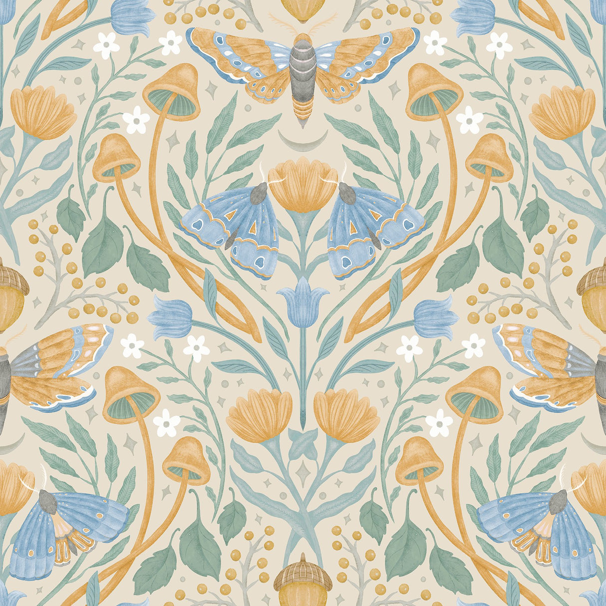 Enchanted Forest Damask Orange Peel & Stick Wallpaper with Botanical Moths and Mushrooms - York RMK12784PLW