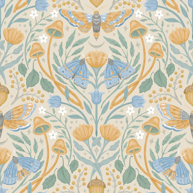 Enchanted Forest Damask Orange Peel & Stick Wallpaper with Botanical Moths and Mushrooms - York RMK12784PLW