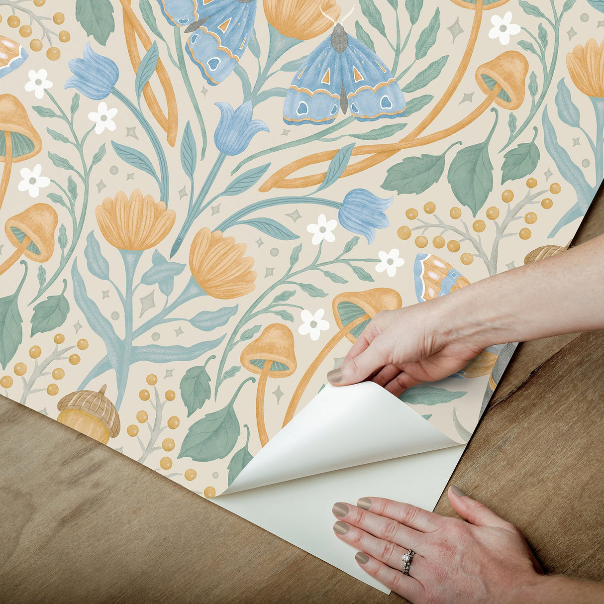 Enchanted Forest Damask Orange Peel & Stick Wallpaper with Botanical Moths and Mushrooms - York RMK12784PLW