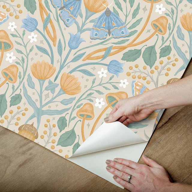 Enchanted Forest Damask Orange Peel & Stick Wallpaper with Botanical Moths and Mushrooms - York RMK12784PLW