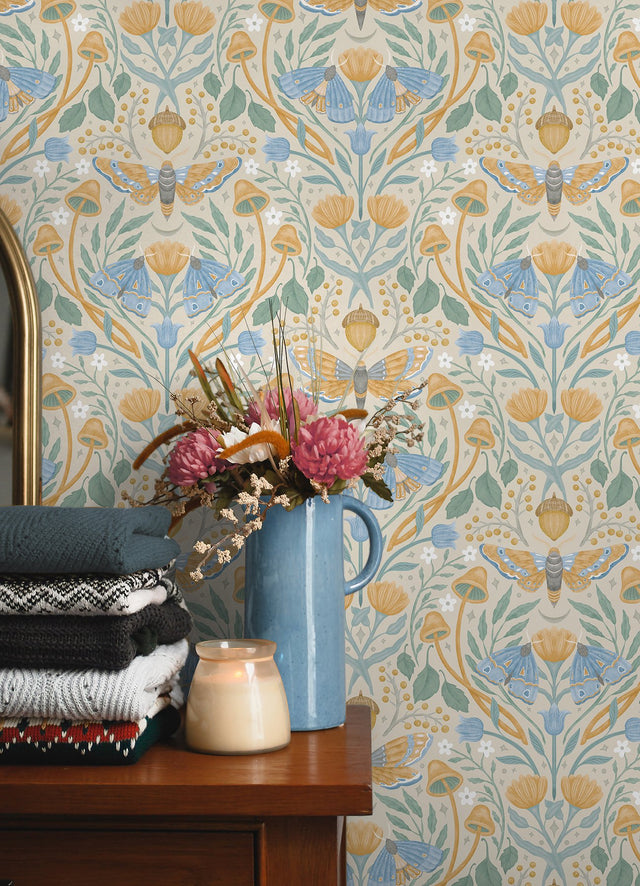 Enchanted Forest Damask Orange Peel & Stick Wallpaper with Botanical Moths and Mushrooms - York RMK12784PLW