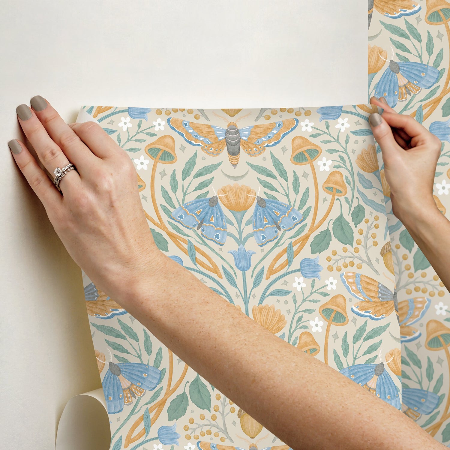 Enchanted Forest Damask Orange Peel & Stick Wallpaper with Botanical Moths and Mushrooms - York RMK12784PLW