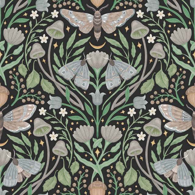 Enchanted Forest Damask Black Peel & Stick Wallpaper with Woodland Moths and Mushrooms - York RMK12785PLW