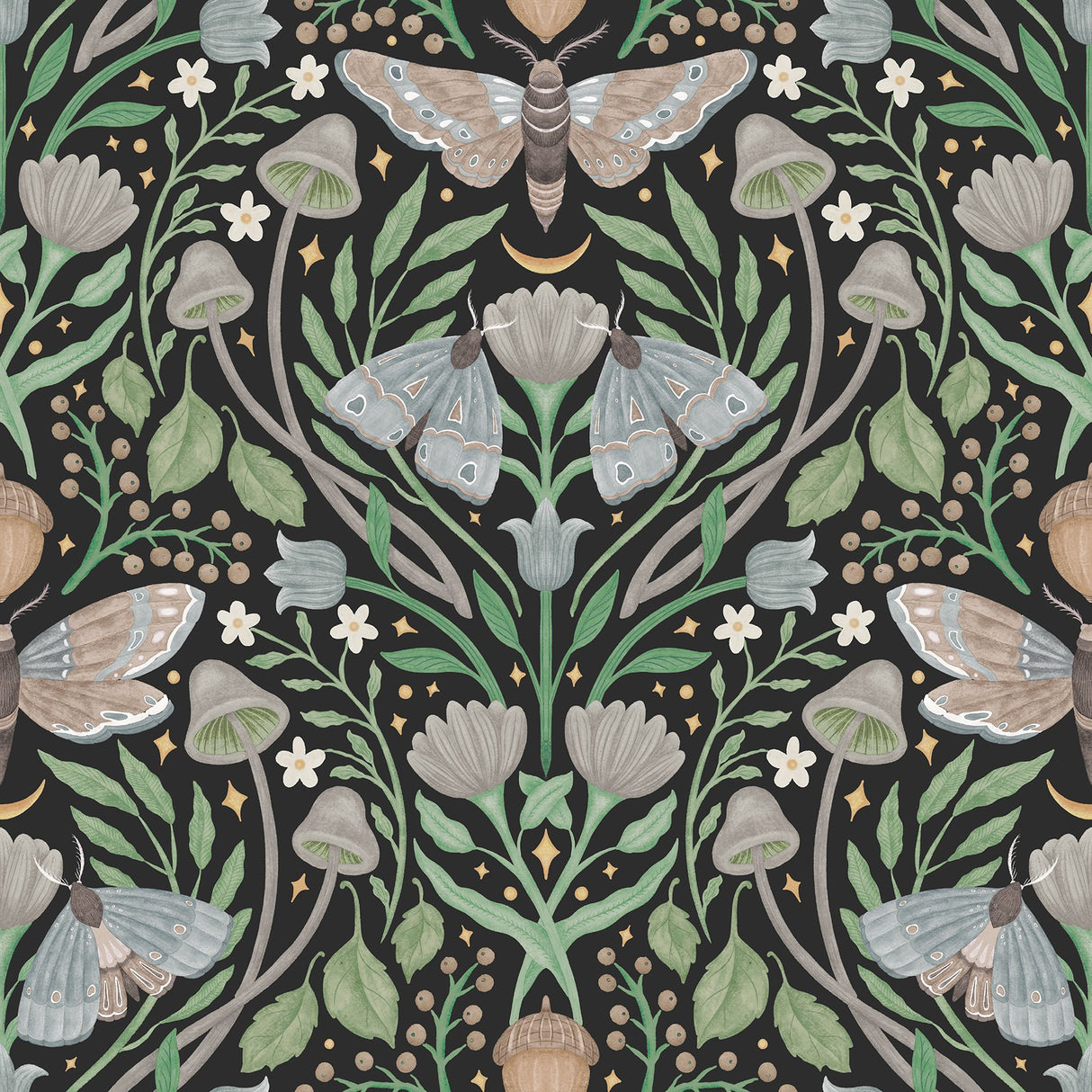 Enchanted Forest Damask Black Peel & Stick Wallpaper with Woodland Moths and Mushrooms - York RMK12785PLW