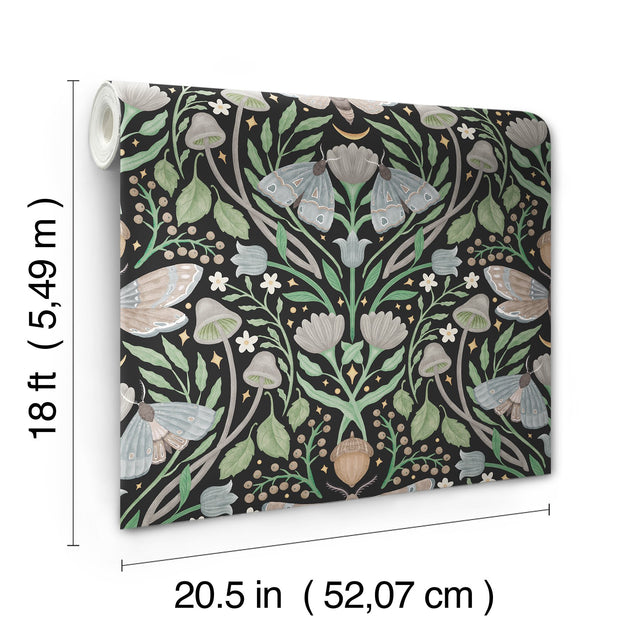 Enchanted Forest Damask Black Peel & Stick Wallpaper with Woodland Moths and Mushrooms - York RMK12785PLW