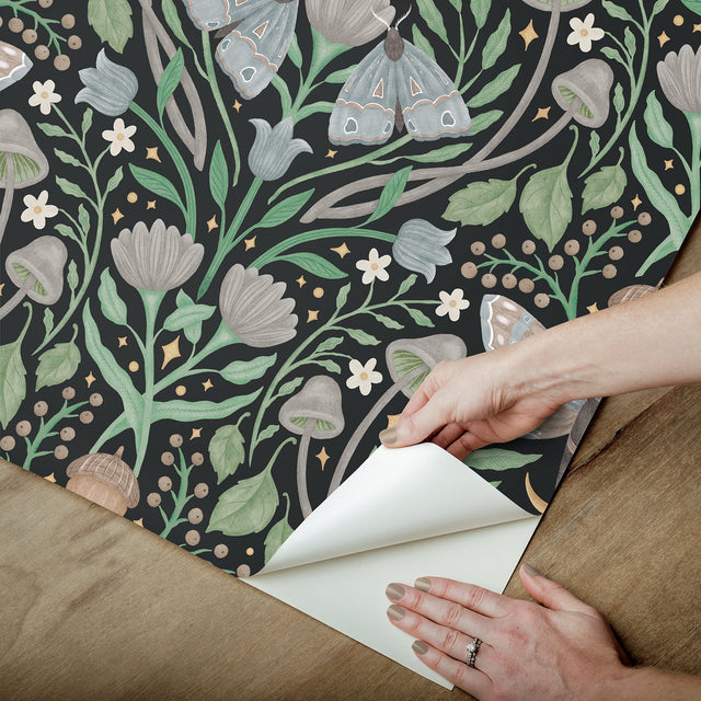 Enchanted Forest Damask Black Peel & Stick Wallpaper with Woodland Moths and Mushrooms - York RMK12785PLW