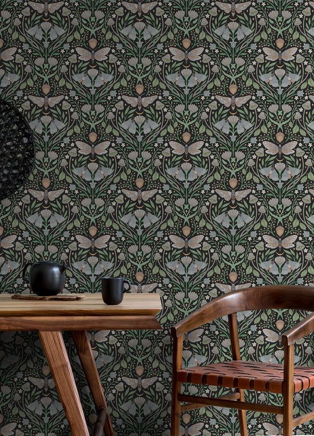 Enchanted Forest Damask Black Peel & Stick Wallpaper with Woodland Moths and Mushrooms - York RMK12785PLW