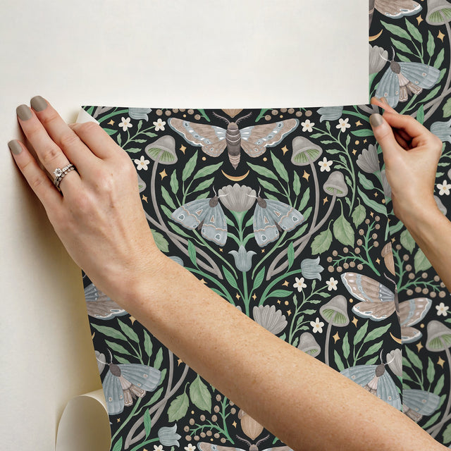 Enchanted Forest Damask Black Peel & Stick Wallpaper with Woodland Moths and Mushrooms - York RMK12785PLW