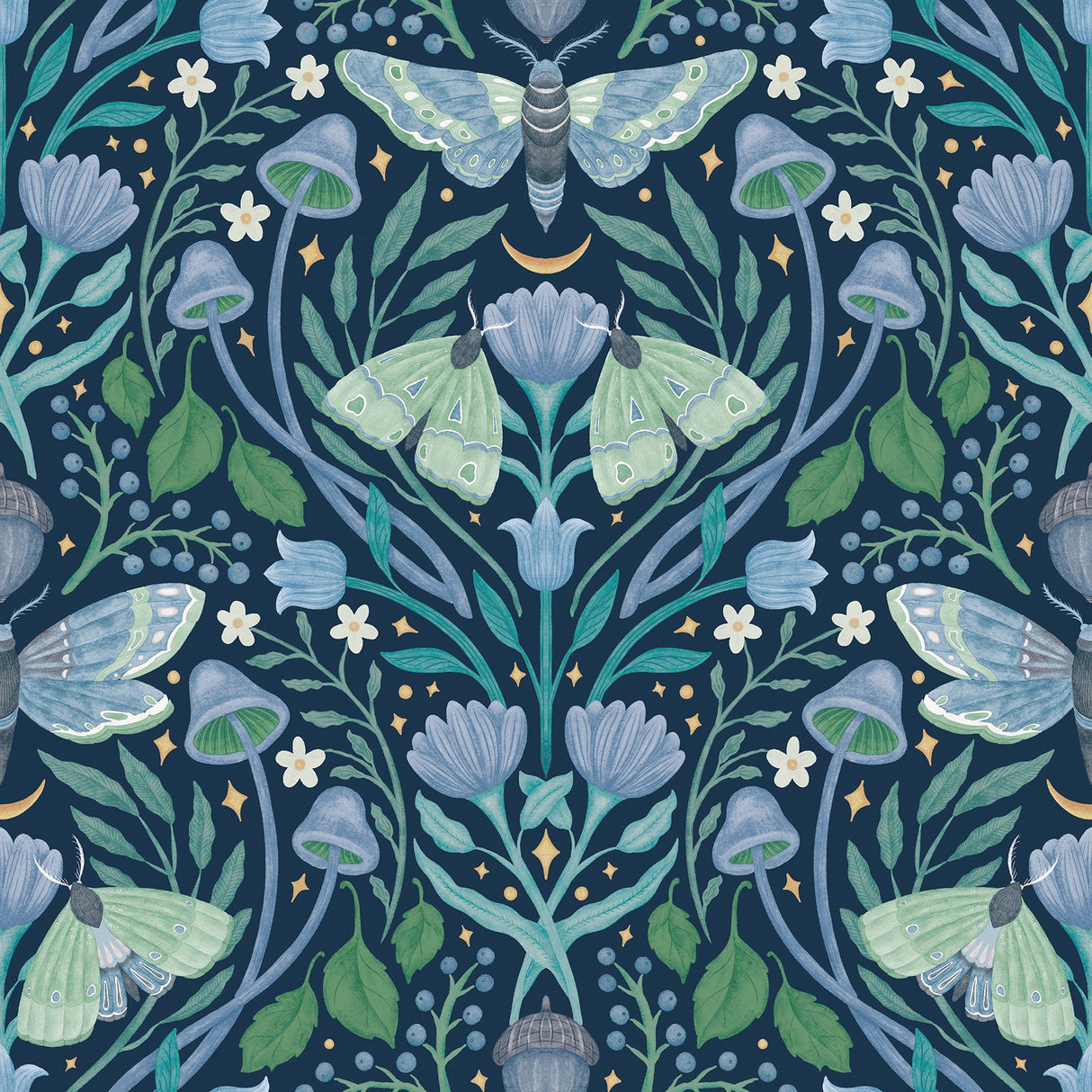 Enchanted Forest Damask Blue Peel & Stick Wallpaper with Botanical Butterflies Motif - York RMK12786PLW