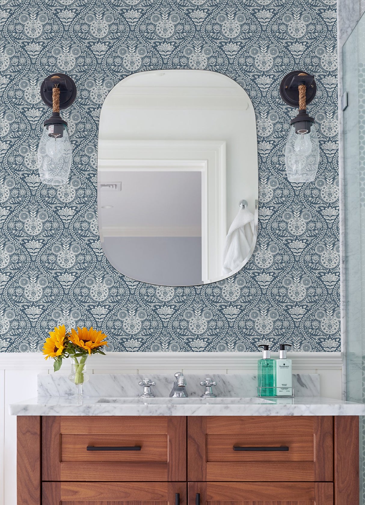 Disney Mickey Mouse Blue Block Print Peel & Stick Wallpaper with Modern Ogee Graphic Pattern - York RMK12787PLW