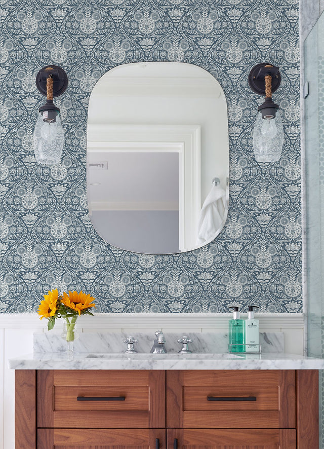 Disney Mickey Mouse Blue Block Print Peel & Stick Wallpaper with Modern Ogee Graphic Pattern - York RMK12787PLW