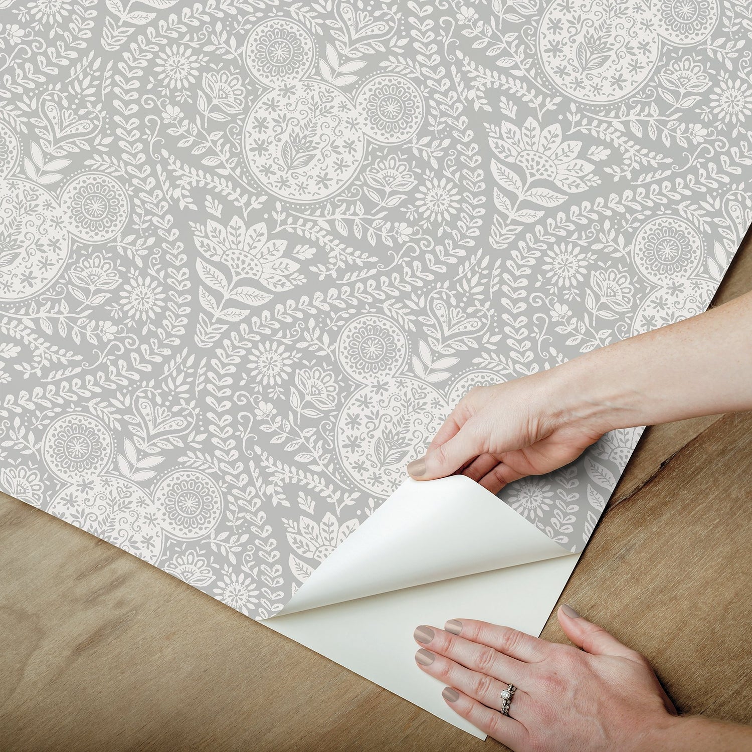 Disney Mickey Mouse Grey Block Print Peel & Stick Wallpaper with Scandinavian Ogee Motif - York RMK12788PLW