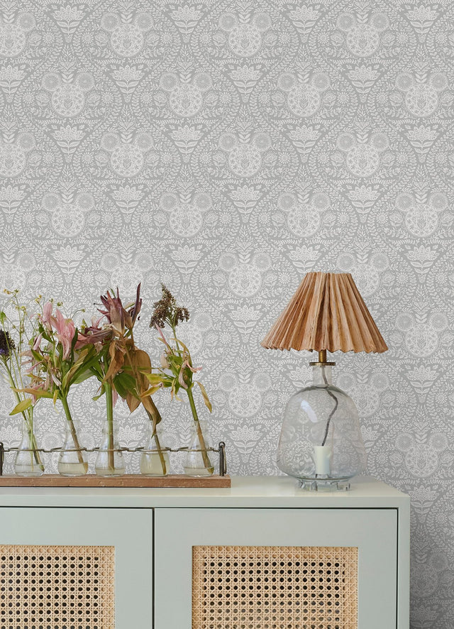 Disney Mickey Mouse Grey Block Print Peel & Stick Wallpaper with Scandinavian Ogee Motif - York RMK12788PLW