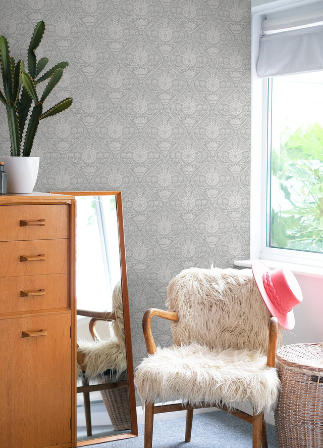 Disney Mickey Mouse Grey Block Print Peel & Stick Wallpaper with Scandinavian Ogee Motif - York RMK12788PLW