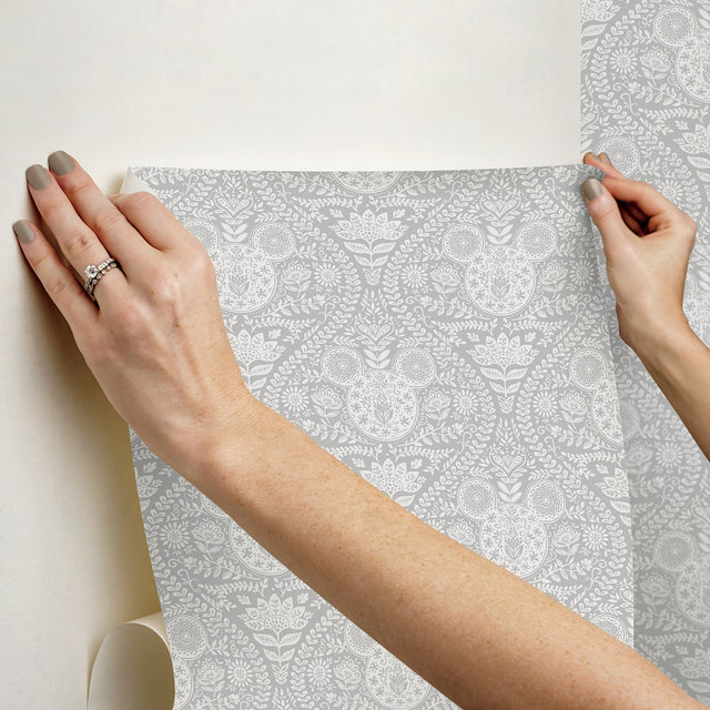 Disney Mickey Mouse Grey Block Print Peel & Stick Wallpaper with Scandinavian Ogee Motif - York RMK12788PLW