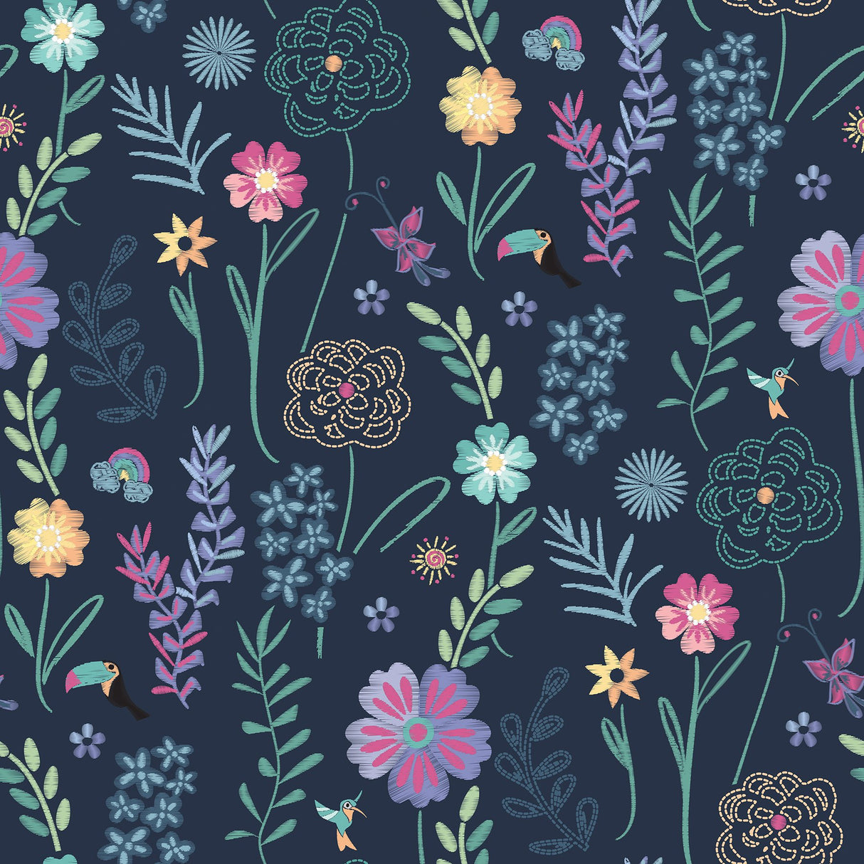 Disney Encanto Navy Embroidery Floral Peel & Stick Wallpaper with Botanical Embroidered Flower Pattern, Modern Style - York RMK12790PLW