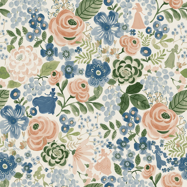 Disney Princess Blue Watercolor Floral Peel & Stick Wallpaper with Botanical Floral Pattern - RoomMates RMK12793PLW