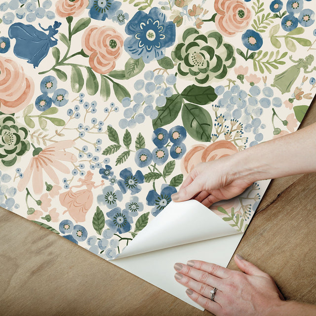Disney Princess Blue Watercolor Floral Peel & Stick Wallpaper with Botanical Floral Pattern - RoomMates RMK12793PLW