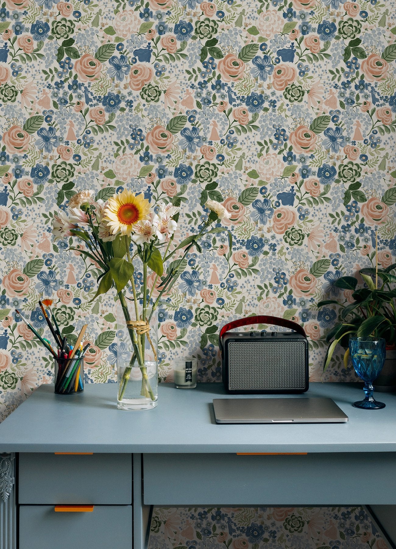 Disney Princess Blue Watercolor Floral Peel & Stick Wallpaper with Botanical Floral Pattern - RoomMates RMK12793PLW